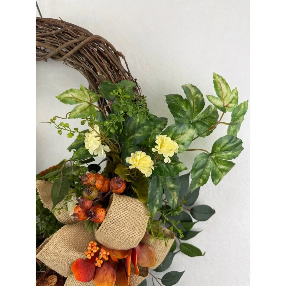 Handmade Fall Grapevine Wreath Orange Hydrangea Burlap Bow Autumn Decor